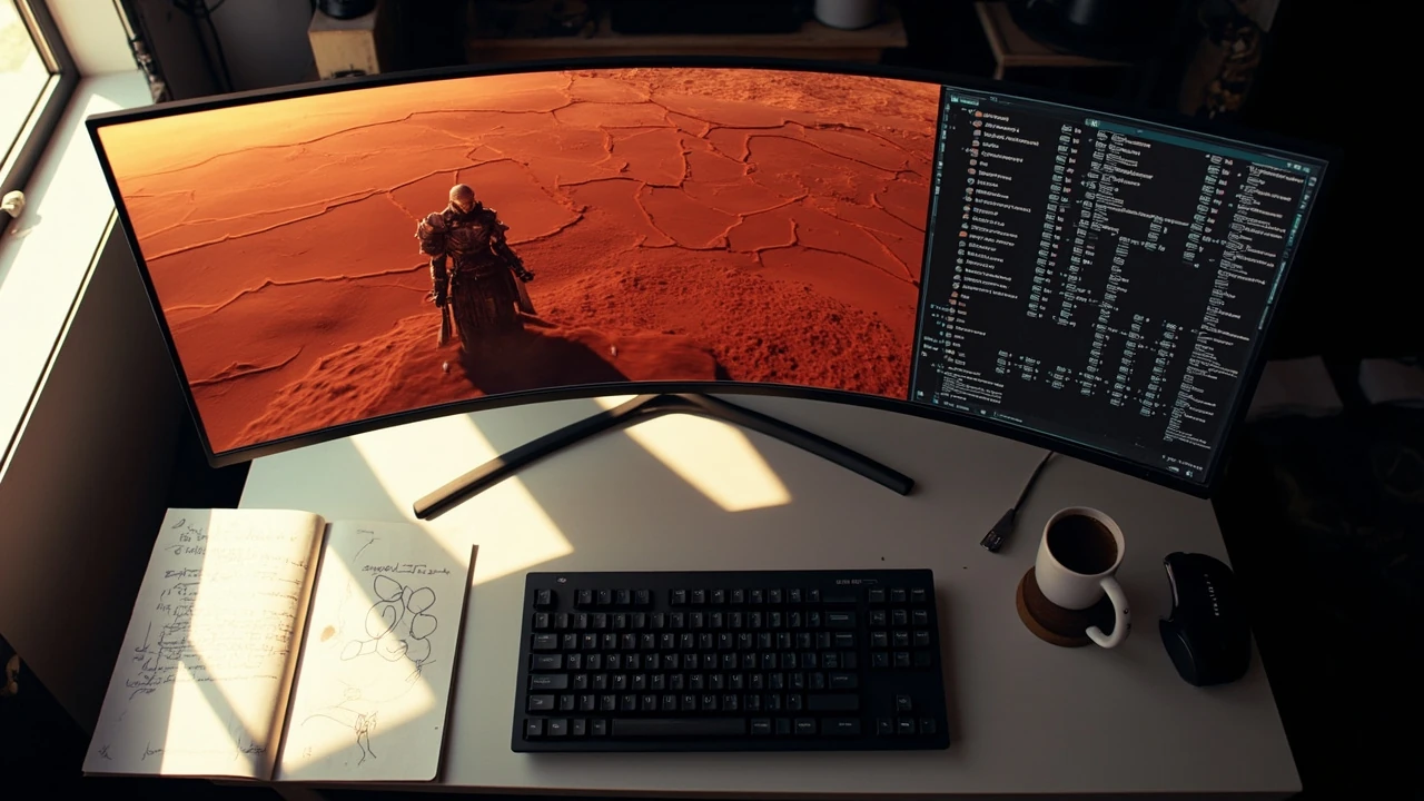 A close-up of a developer monitor showing the contradiction Crimson Desert scene composition