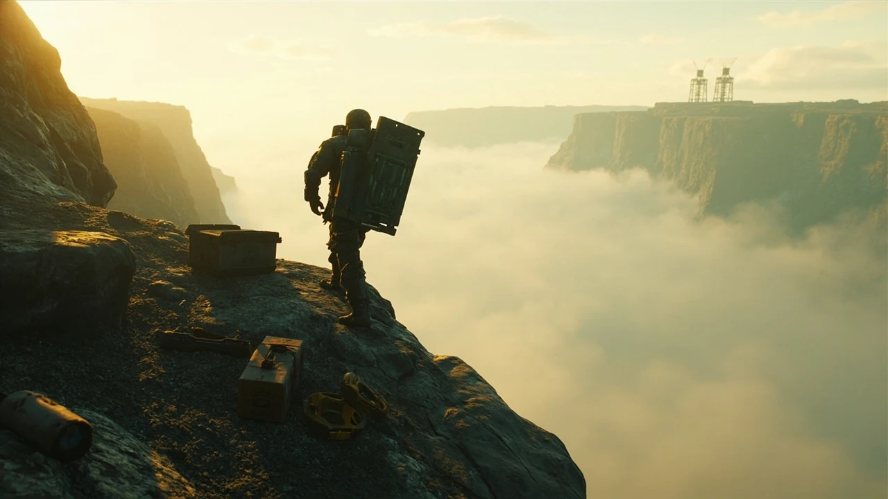 Death Stranding walkthrough hero showing a lone porter crossing rugged terrain with cargo
